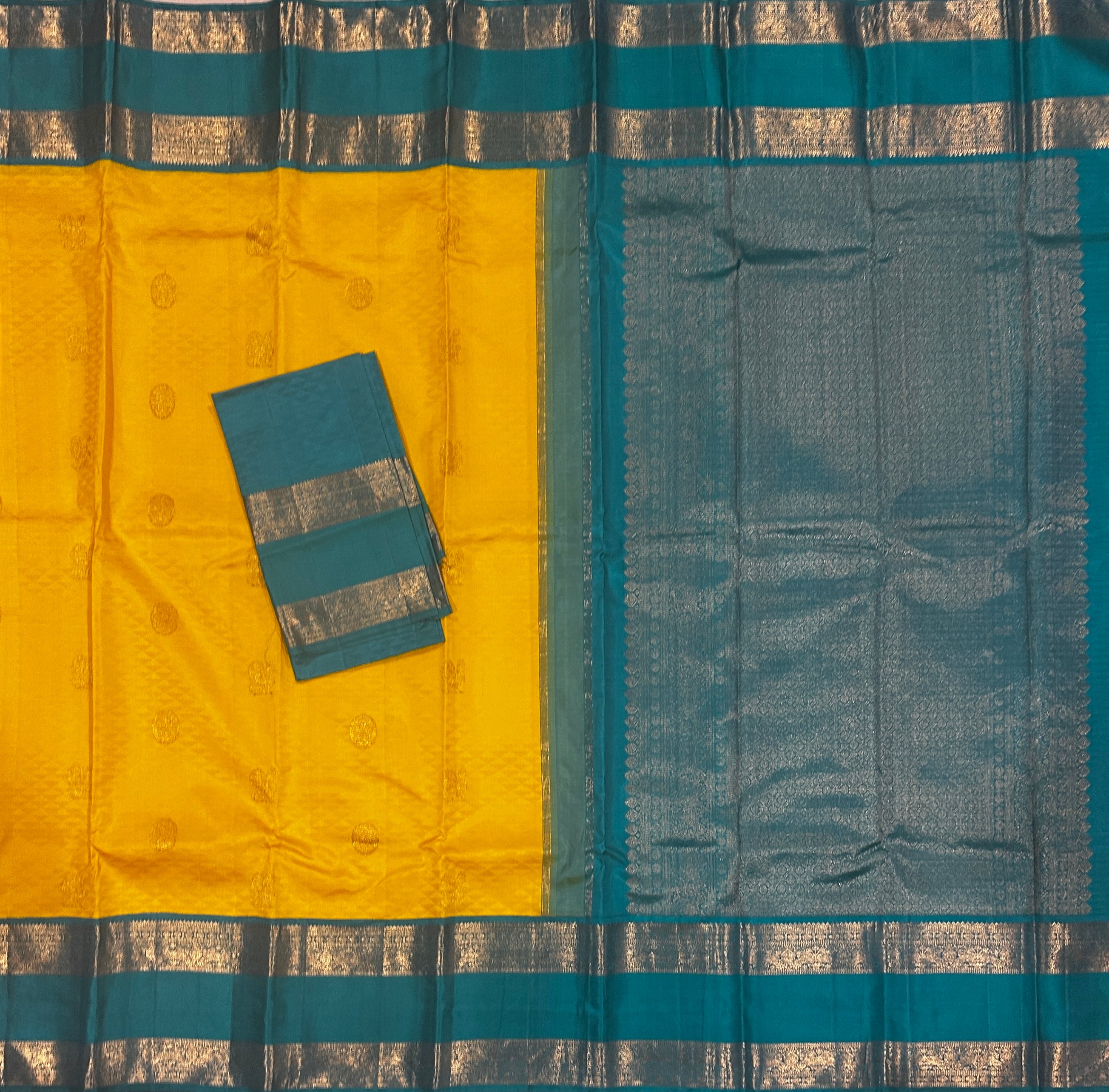 Yellow with Aqua Green Rettai Pettu Korvai