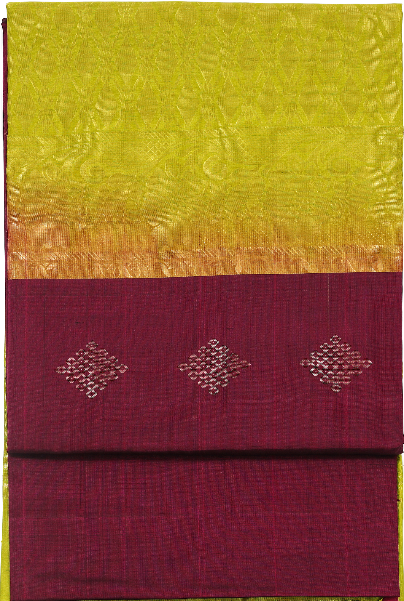 Magenta with parrot green kolam motifs