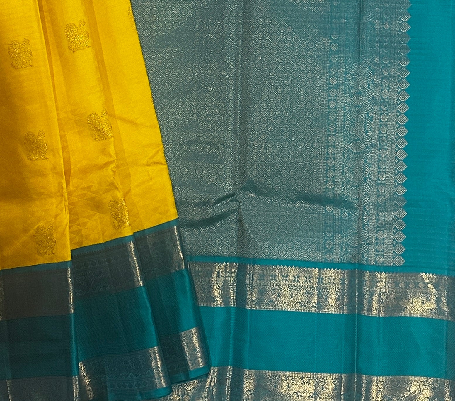 Yellow with Aqua Green Rettai Pettu Korvai